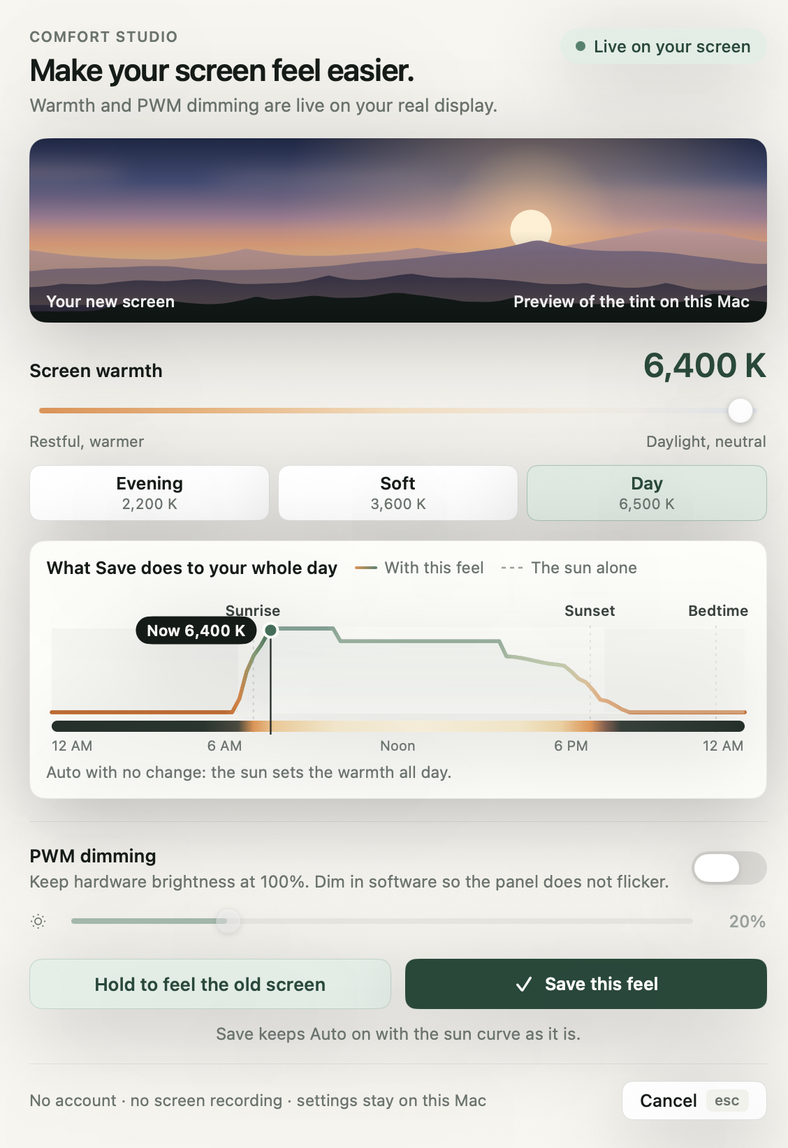 CircadianShield Comfort Studio: a screen warmth slider at 6,400 K, Evening, Soft and Day presets, a chart of what saving does to your whole day, a PWM dimming switch and slider, and a Save this feel button