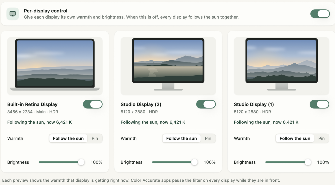CircadianShield Displays page with three displays connected, a built-in Retina display and two Studio Displays, each with its own on switch, a Follow the sun or Pin warmth choice, and its own brightness slider