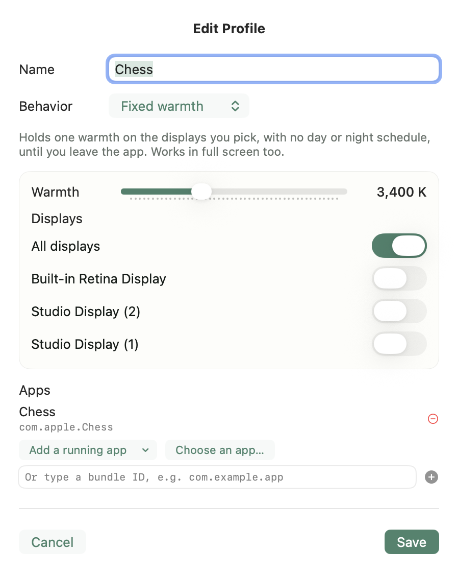 CircadianShield Edit Profile sheet on Mac: Chess set to Fixed warmth at 3,400 K, a display list with All displays switched on and switches for the built-in display and two Studio Displays, and options to add a running app or choose an app