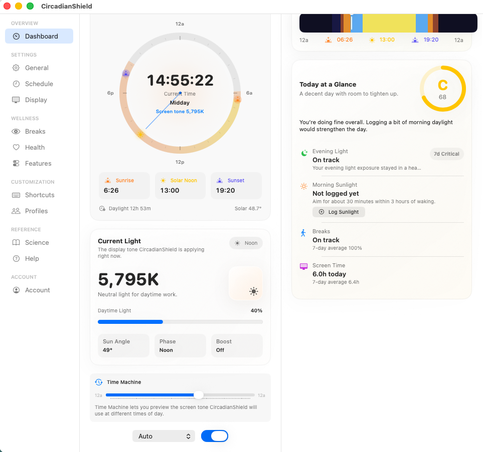 CircadianShield macOS app showing the main display controls, circadian health score, and temperature schedule