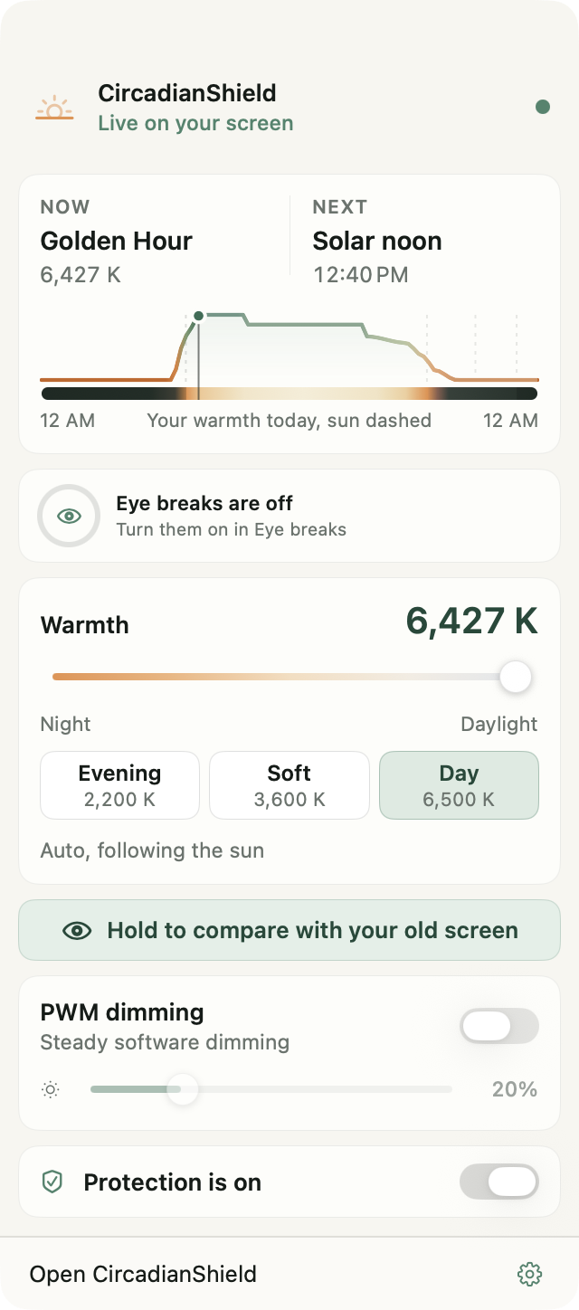 CircadianShield menu bar panel on Mac showing the current solar phase and warmth, today's warmth curve, Evening, Soft and Day presets, Hold to compare with your old screen, and the PWM dimming slider